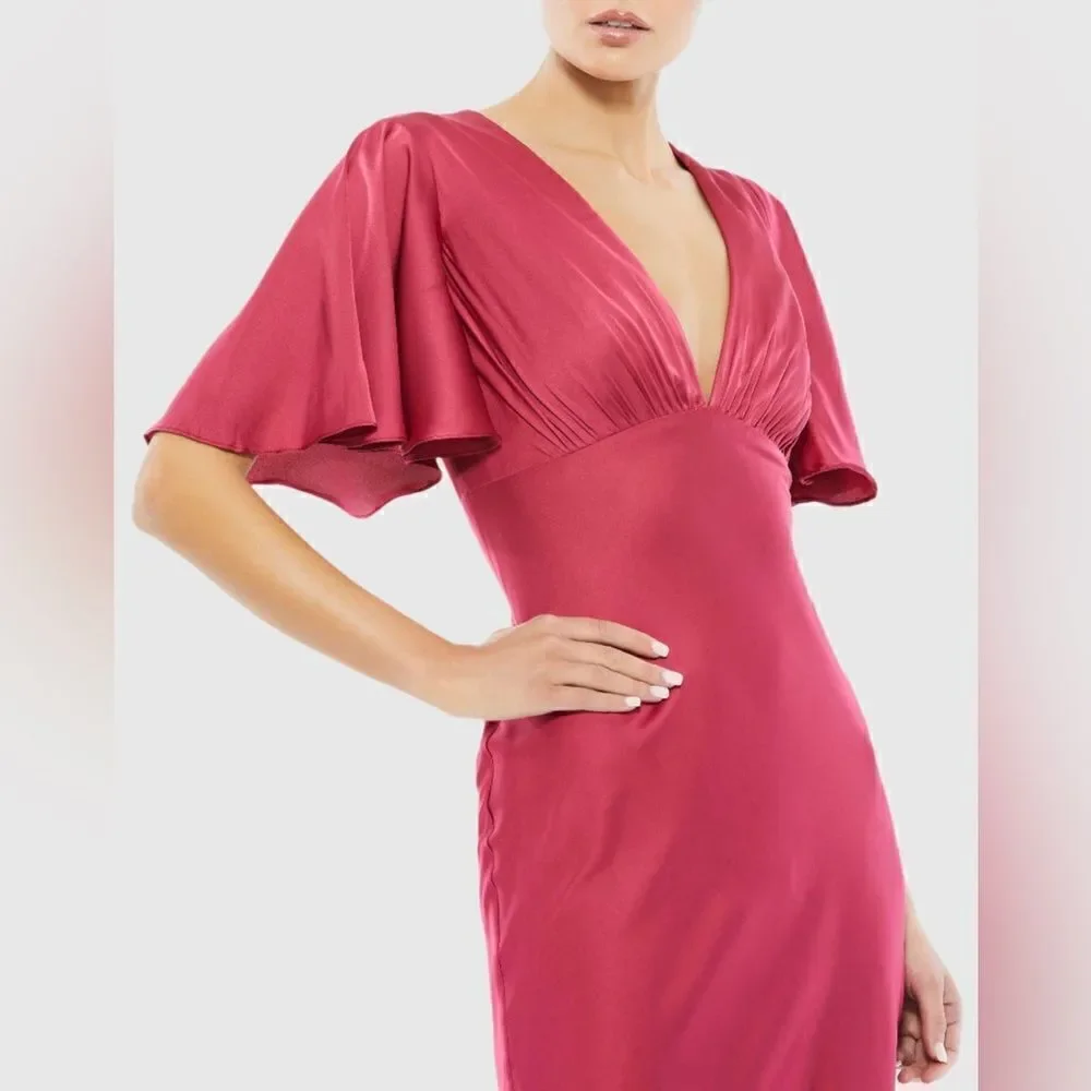Mac Duggal NWT V-Neck Short Flounce Sleeve A-Line Dress in Raspberry Siz…